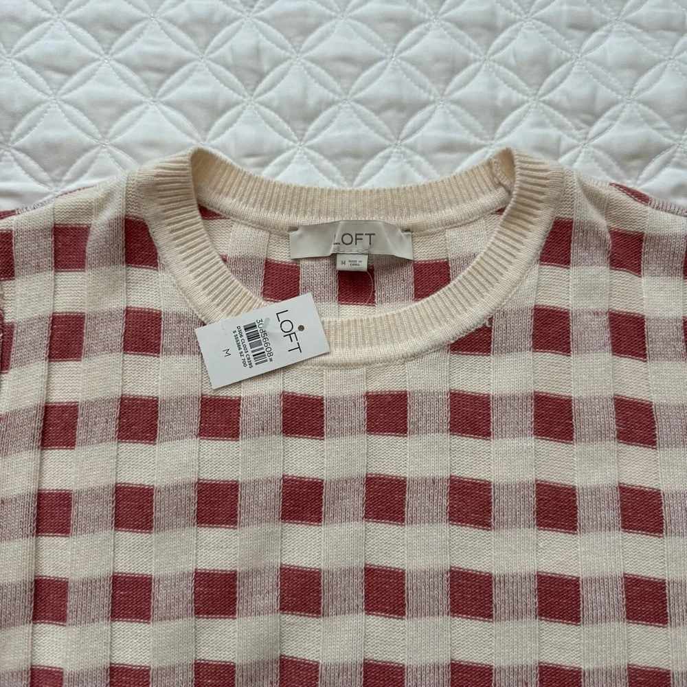 NWT LOFT Gingham Crewneck Pullover Long Sleeve Sweater Beige Rust - Size M - Picture 2 of 12